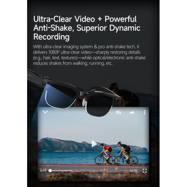 W630 Smart Glasses 1080P Camera IP66 Waterproof AI Voice Wake-up Image Stabilization Magnetic Charging Real-time Translation