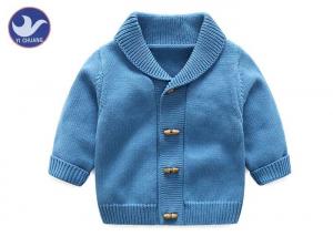 China Soft Shawl Collar Kids Knitted Cardigan , Boys Blue Cardigan Sweater Fake Horn Wood Button on sale