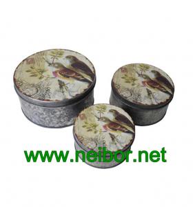 Wholesale Vintage look antique finish round galvanized tin box set with label from china suppliers