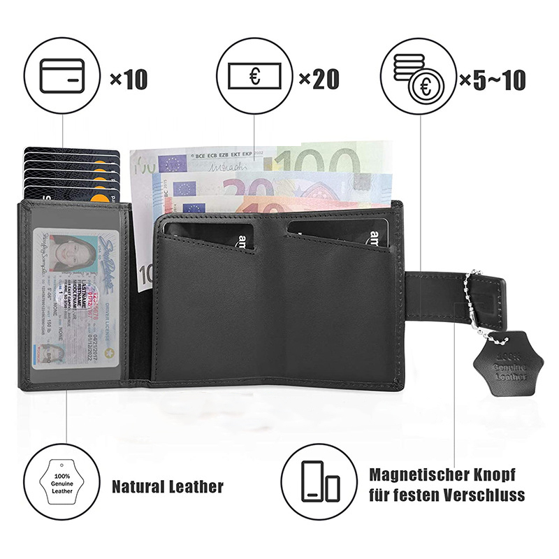 Genuine Leather Rfid Aluminium Metal Slim Card Holder Wallet With Zipper Pocket For Men
