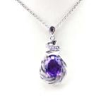 Sterling Silver Chain Necklace with 8x10mm Oval Amethyst Cubic Zircon Pendant
