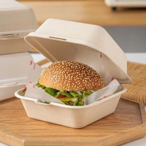 China Virgin 21g Disposable Hamburger Clamshell Box Sugarcane Bagasse Takeaway Boxes on sale