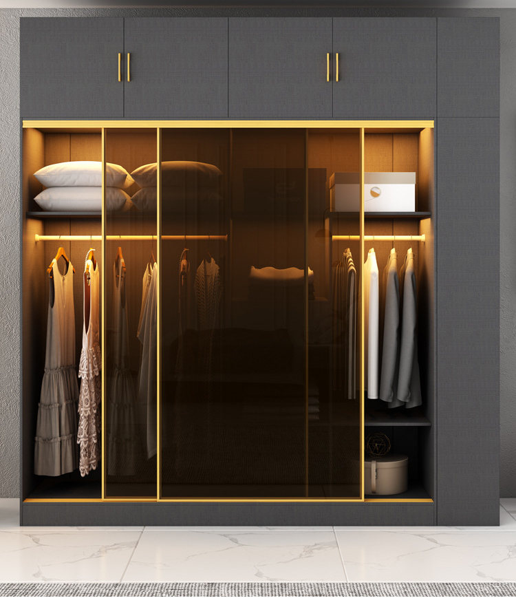 Modern Bedroom Closet Armoire Wardrobe With Glass Sliding Doors