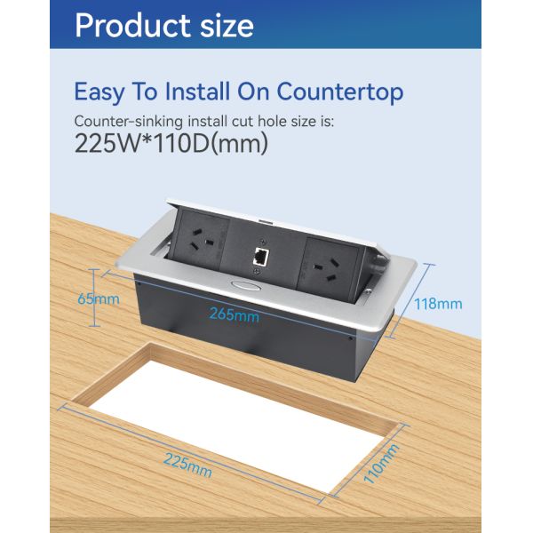 Recessed Pop Up Socket Box with 2 GPO + 1 HDMI Alloy Faceplate and Damped Spring Structure for Office Desk