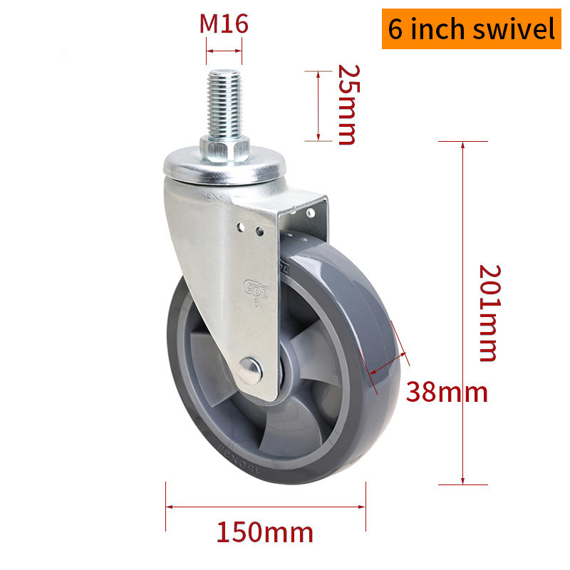 Medium Duty TPU Caster 6 Inch 250kg Load Threaded Castor Wheels