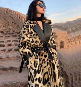 Wholesale Long Faux Fur Leopard Trench Coat Trimmed Fur for Women in Winter Fur Long Line Leopard Print Winter Jacket from china suppliers