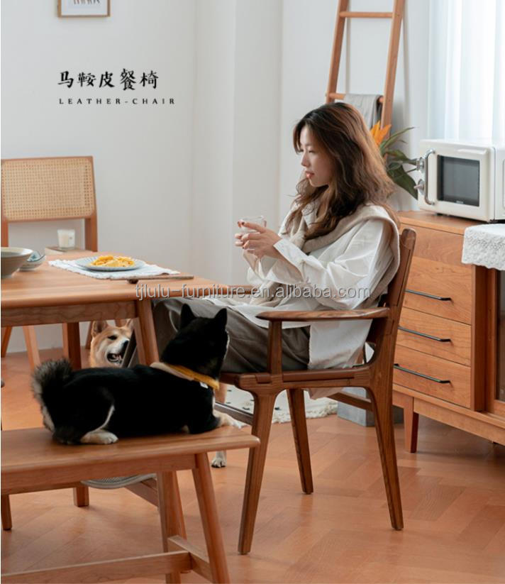 Hotel Nordic Design Solid Ash Wood Horse Saddle Leather Woven Seat Stackable Dining Chair for Modern Cafe and Restaurant