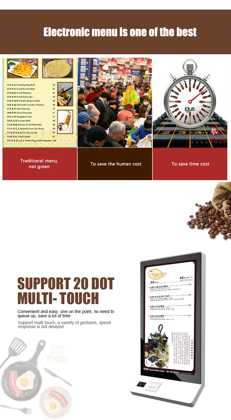 32 Inch Wall Mounted Touch Screen Kiosk Food Self Service Kiosk Bulit In POS System