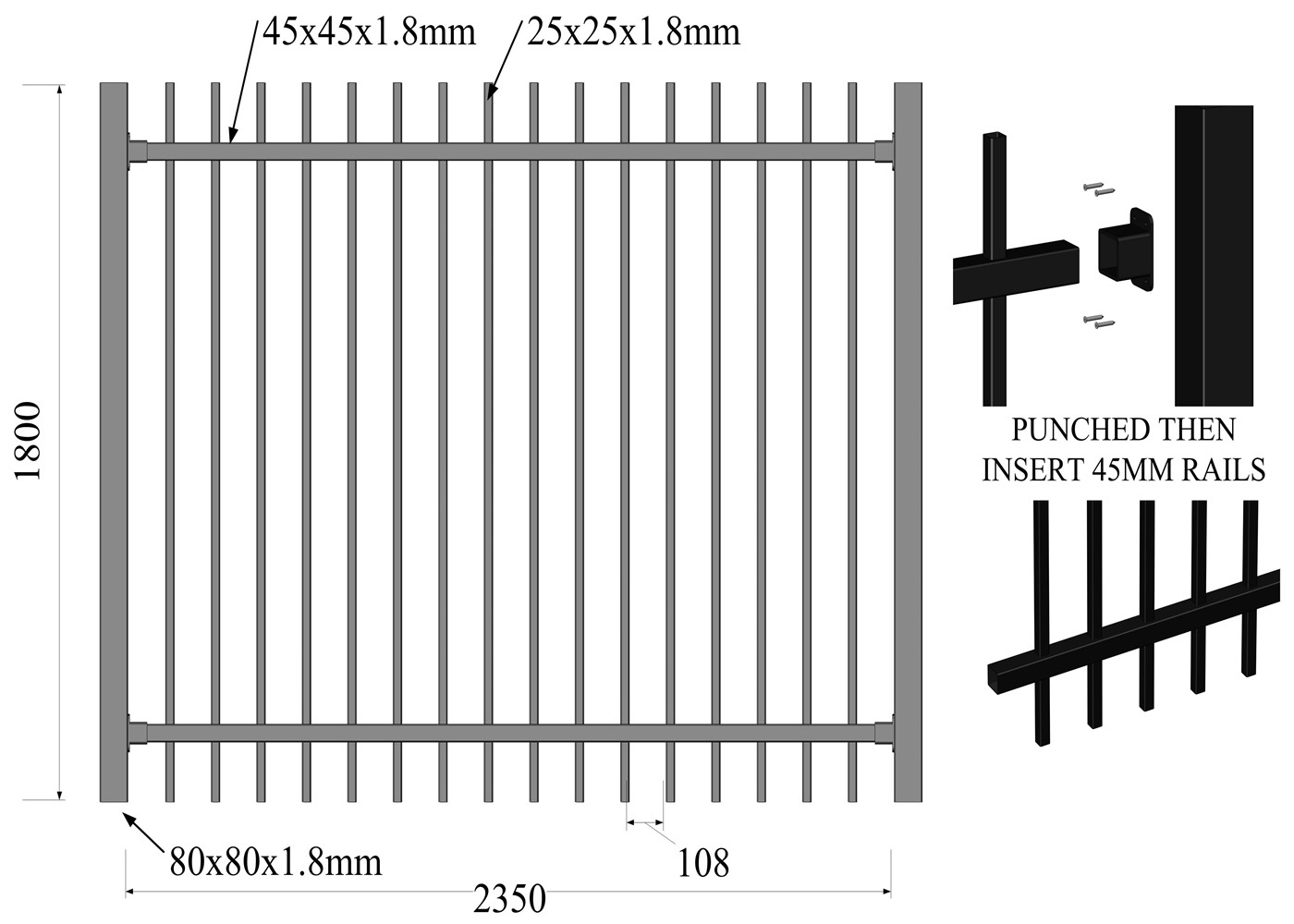 Stain Black Garrison Security Fencing Panels Australia Sydney Standard 2100mmx2400mm Width Rail 40mm /45mm Crimped Spear