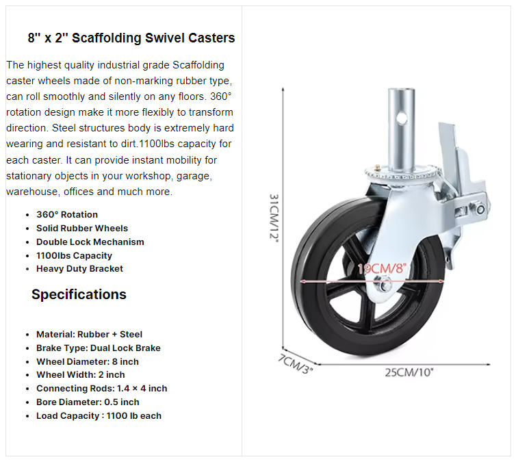 4 Pack Wheels 8 X 2 Inch With Dual Locking Break Rubber Swivel Wheel 360 Degrees Rolling Tower Heavy Duty Scaffolding Caster