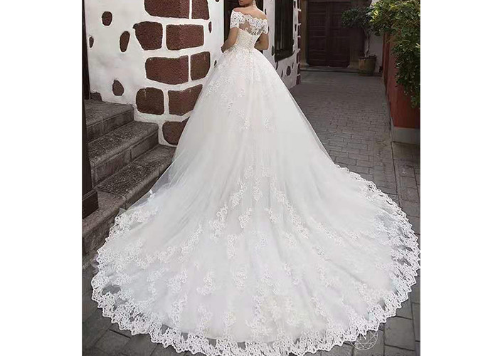 Zipper Back Long Tail Wedding Gowns Off White Color Off Shoulder Short Sleeve Lace