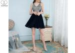 Chiffon Nude Short Black Formal Dresses / Top Diamond Prom Dress Puffy Down Part