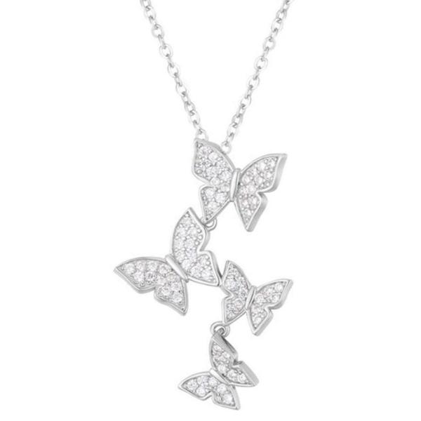 925 Sterling Silver White Gold Plated Micron Pave 4 Butterflies Charm Pendant
