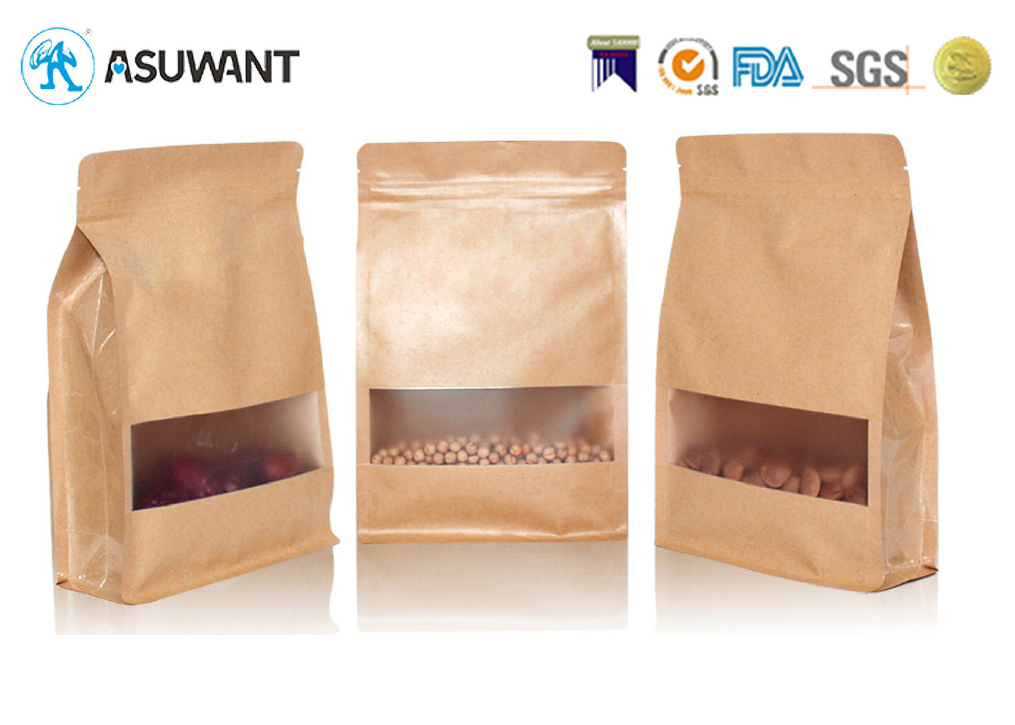 Snacks Square Bottom Flexible 120mic Kraft Paper Zipper Bags