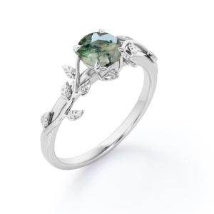 Wholesale Round Cut Opaque White Druzy Mossy Green Agate Branch Leaf Design One-Stone Engagement Ring from china suppliers