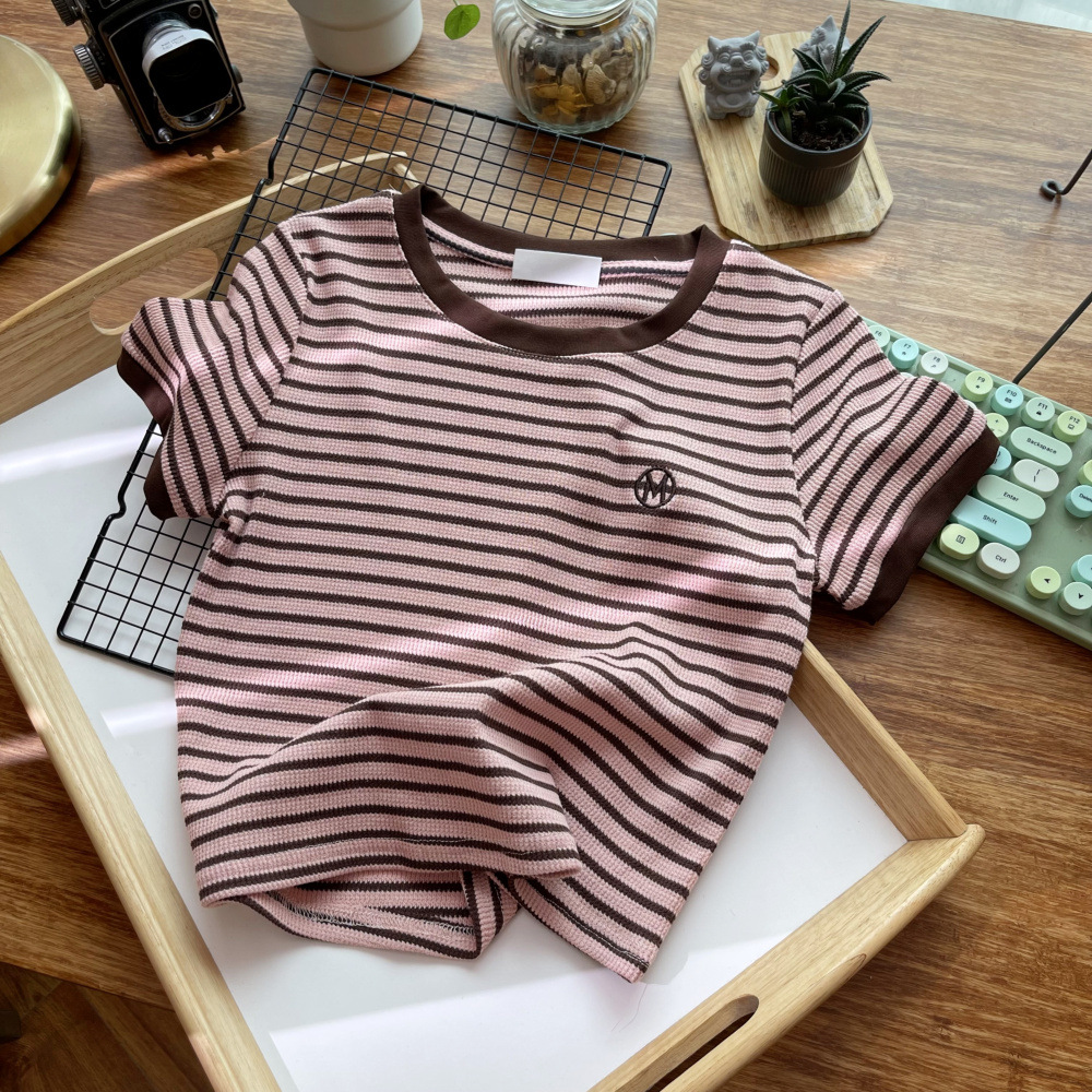 Custom Embroidered Logo Elastic Knitted Short T-shirt for Hot Girls in Y2k Fashion