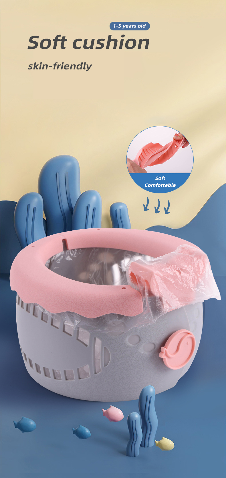 Solid Serenity Blue Sakura Pink Baby Toilet Potty Seat in PP TPE Bulk Packing 24pcs/Carton