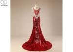 Ladies Long Tail Gown Sleeveless Shiny Sequin Fabric Lace Beaded Red Carpet Wear