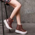 S040 Round toe retro leather women's boots fluffy flat wedge heel literary fan