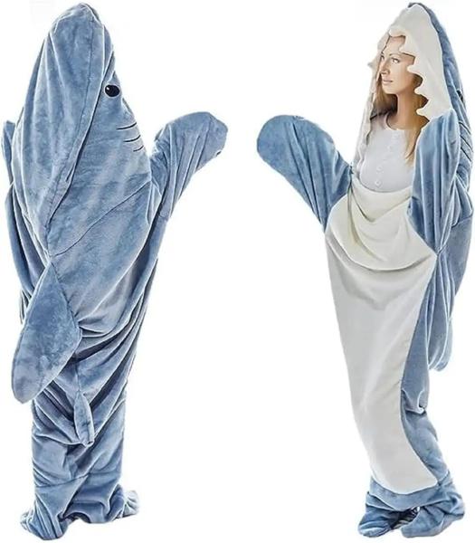 Brushed Pattern Shark Blanket Hoodie Super Soft Flannel Wearable for Adults and