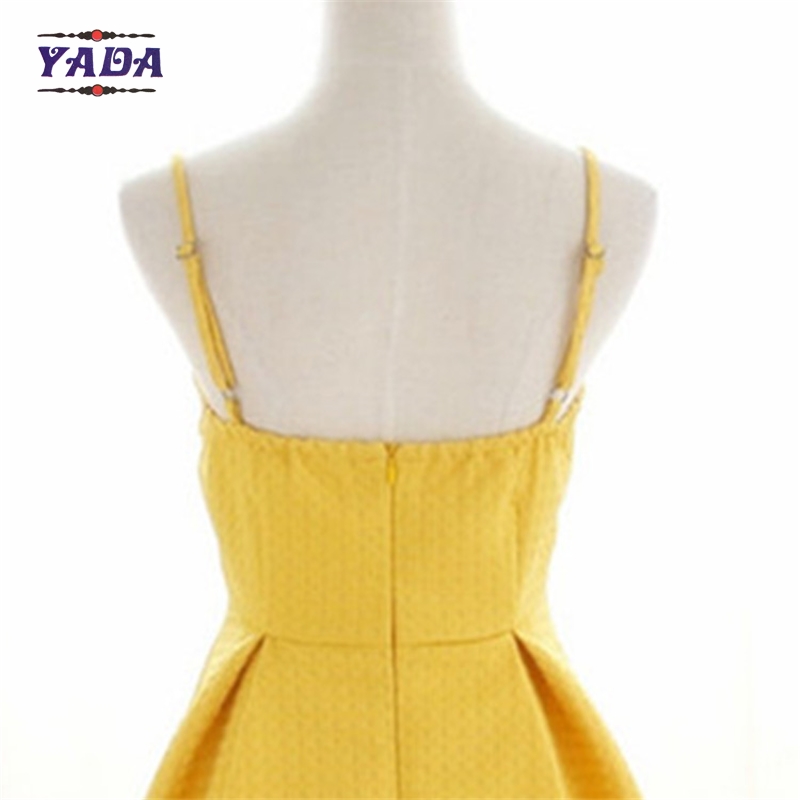 Korean style summer yellow spaghetti strap short umbrella ladies elegant dress cotton women dresses in cheap price