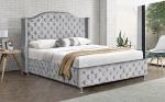 Customized Silver Grey Upholstered Bed Velvet Fabric Button Tufted High