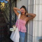 Pink Sexy Womens Summer Cami Tops Hem Mesh Spliced With Lotus Leaf Design