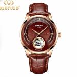 KINYUED genuine leather tourbillon mens automatic watch skeleton mechanical