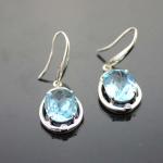 925 Sterling Silver Oval Blue Topaz Cubic Zircon Dangle Earrings (PSJ04195)