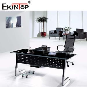 Wholesale Black Office Glass Desk with Drawers Metal Feet for Home and Business Use from china suppliers