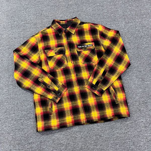 Quality Custom Embroidery Patch Vintage Logo Men's Long Sleeve Plaid Button Up Shirt In Cotton Fabric With Customized Printing Label for sale
