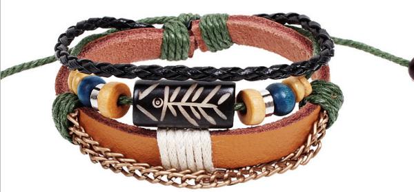 Primitive tribes sided rotating fish bone beaded bracelet braided leather