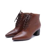 S221 Pointed toe leather short boots Korean style all-match high heel women's