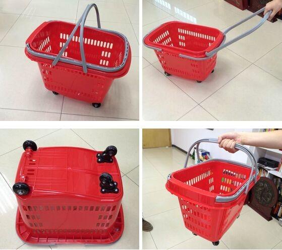 Red HDPP Shopping Basket With Wheels , Supermarket Plastic Storage Shopping