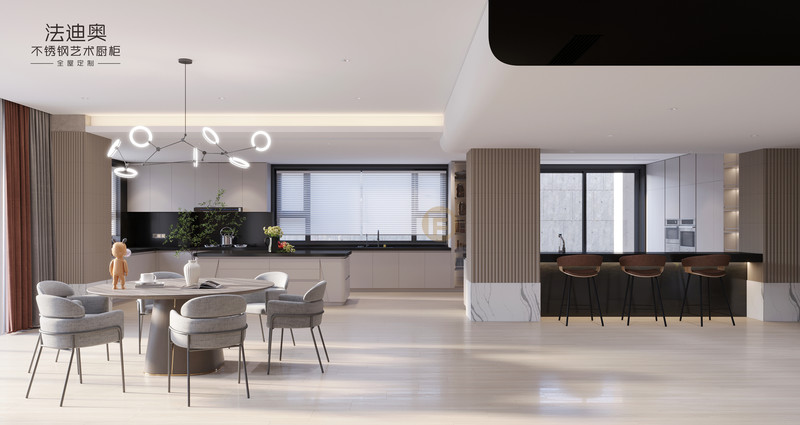 Elegant Grey Stainless Steel Kitchen Cabinet With Curved Island And Multiple Storage Solution