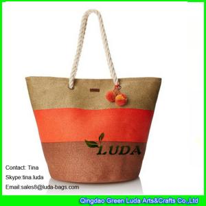 Wholesale LUDA oversized nice handbags striped paper straw tote large beach bags with pom from china suppliers