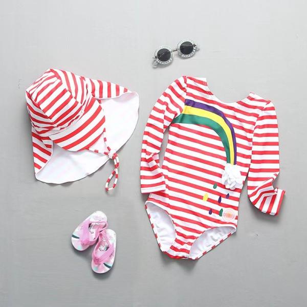Red Printed Girls Swimming Suits Sunprotection Hat Big Children'S Swimsuit