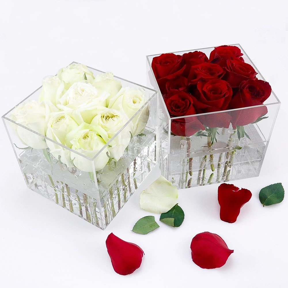 Wholesale Price Preserved Rose Display Acrylic Box With Lid Square Style 8 Sizes Valentine's Day Anniversary