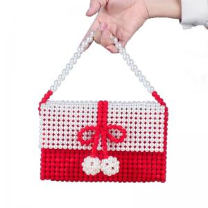 China Red Beaded Clutch Pearl Bag Flower Wrist  Hand Woven With White Cap OEM ODM on sale