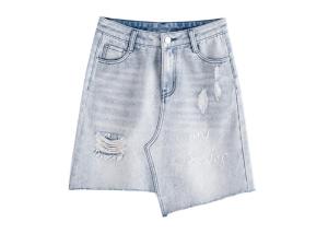 Wholesale Light Color Asymmetric Hem Stretch Denim Ladies Denim Skirt With Rips Embroidery from china suppliers