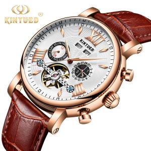 Wholesale KINYUED J017-1 White Dial Gold Case Leather Strap Complete Calendar Skeleton Automatic Mechanical relojes Watch from china suppliers