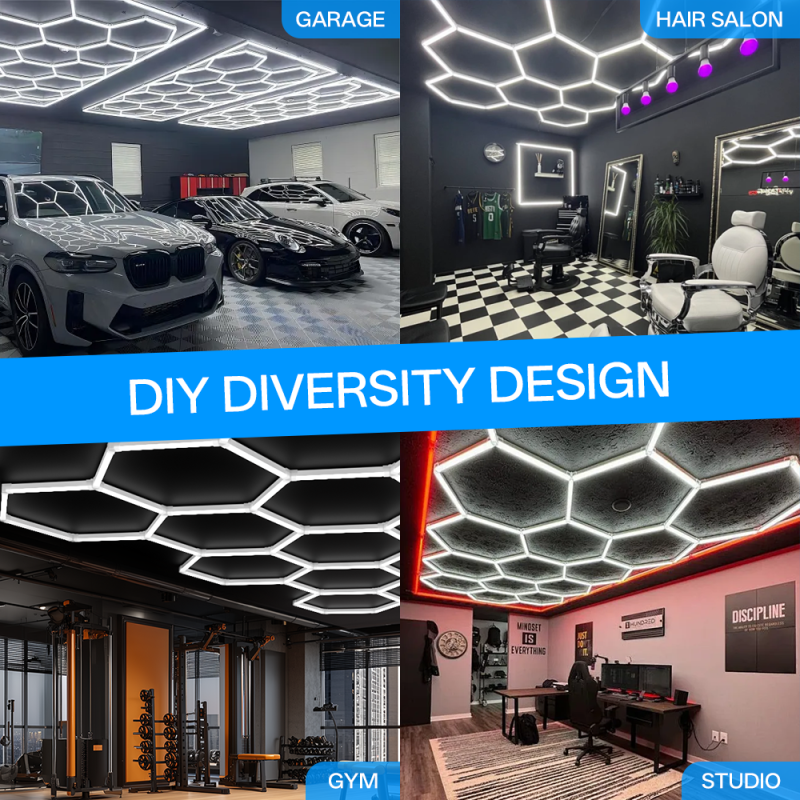 LED Hexagonal Light Modular Ceiling Lighting System Connectable Honeycomb Panels for Garage Gym Workshop and Office Applications
