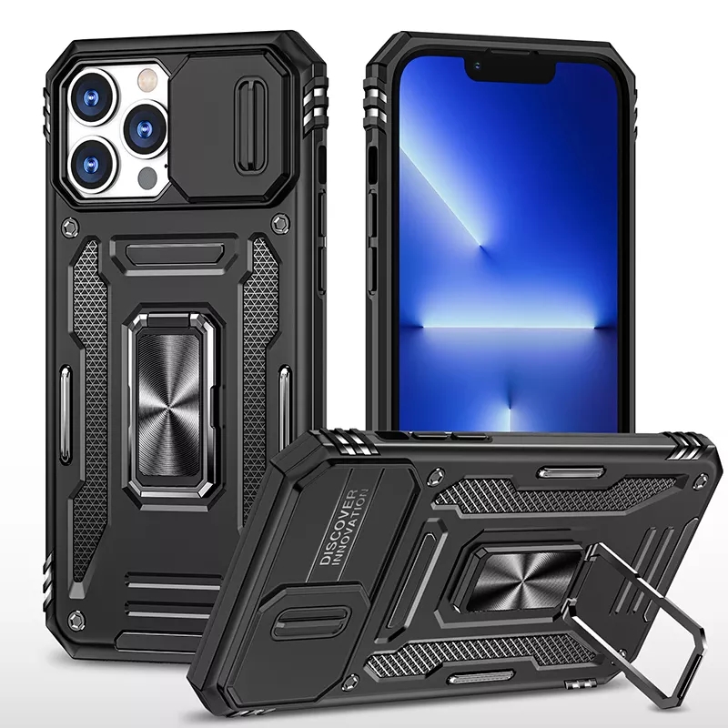 Kickstand Slide Camera Antishock Phone Back Cover For Iphone 13 14 Pro Max Phone Case With Ring Holder Lens Cover