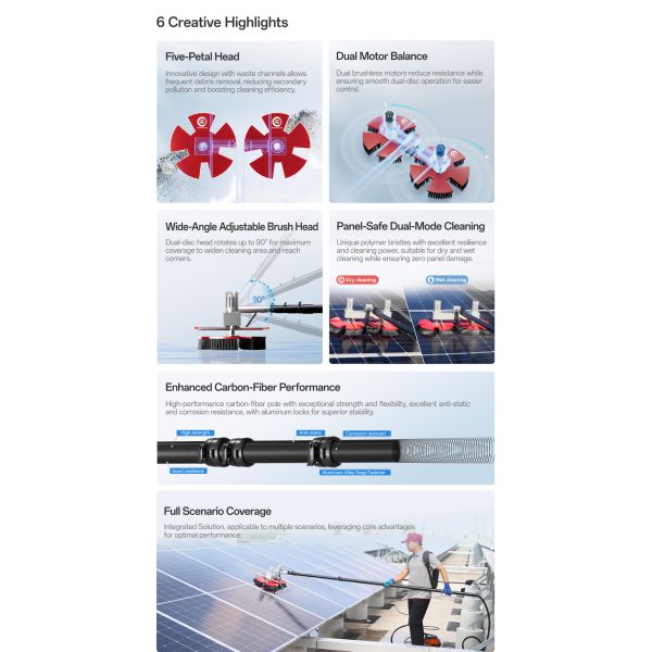 Efficient Dual-Powered Solar Panel Cleaner Water Fed Pole Spin Cleaning Brush