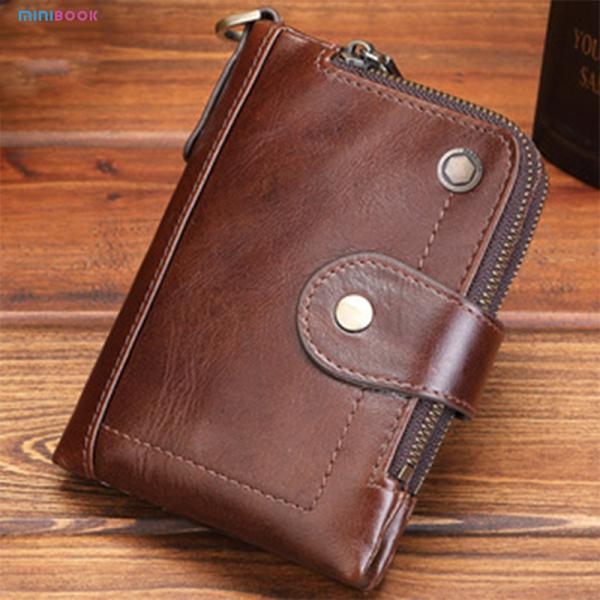 Multi Card Trifold Wallet With Snap Closure And 2 ID Windows In Genuine Oil Wax