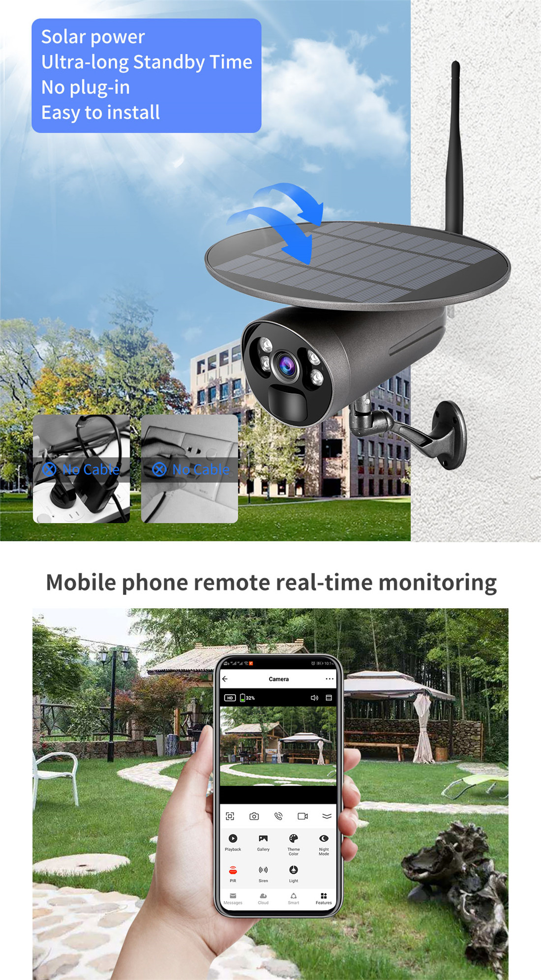 STG-3L Factory low price Outdoor Produced HD 1080P Smart Home Pir Detection Low Power Consumption Battery Solar Camera