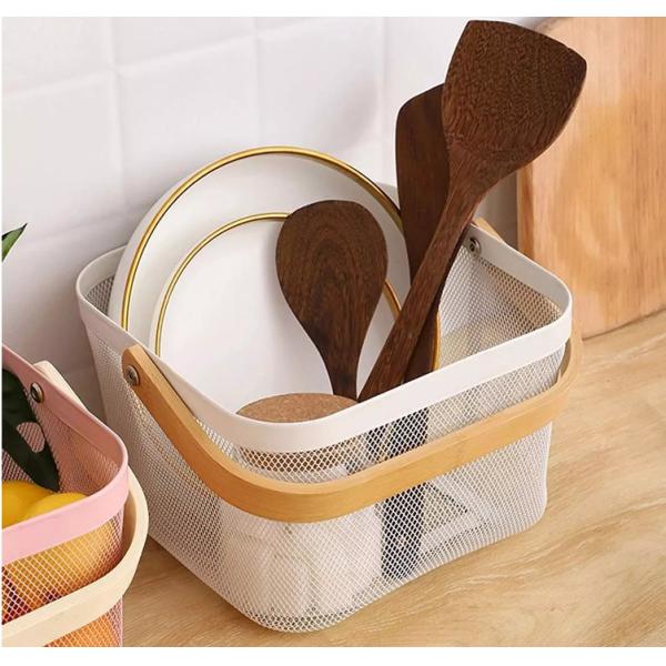 Sustainable Wire Mesh Storage Baskets With Wood Handle