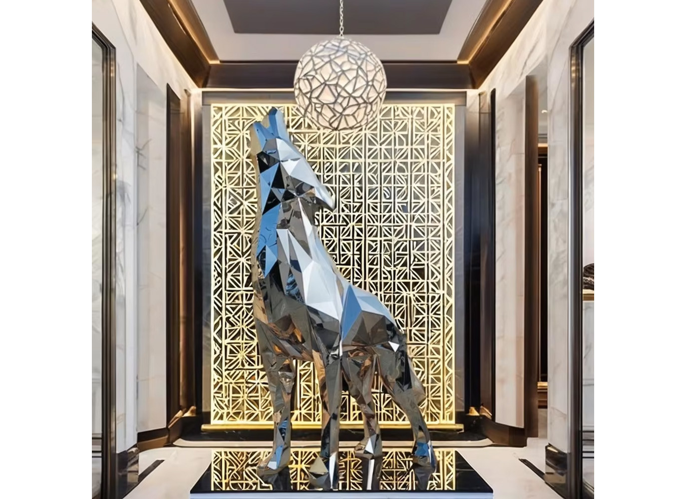 Giant 3-meter Stainless Steel Animal Mirror Geometric Wolf Sculpture