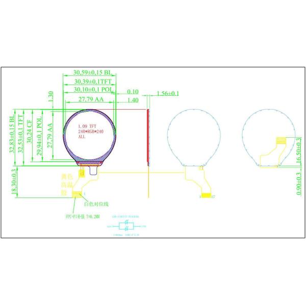1.09 Inch Round TFT Display 240X240 Resolution 17PINS MCU Interface Driving IC GC9A01 400cd/M2