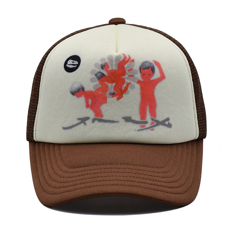 Unisex 5 Panel Truker Cap Custom Logo Polyester Mesh Brown Color